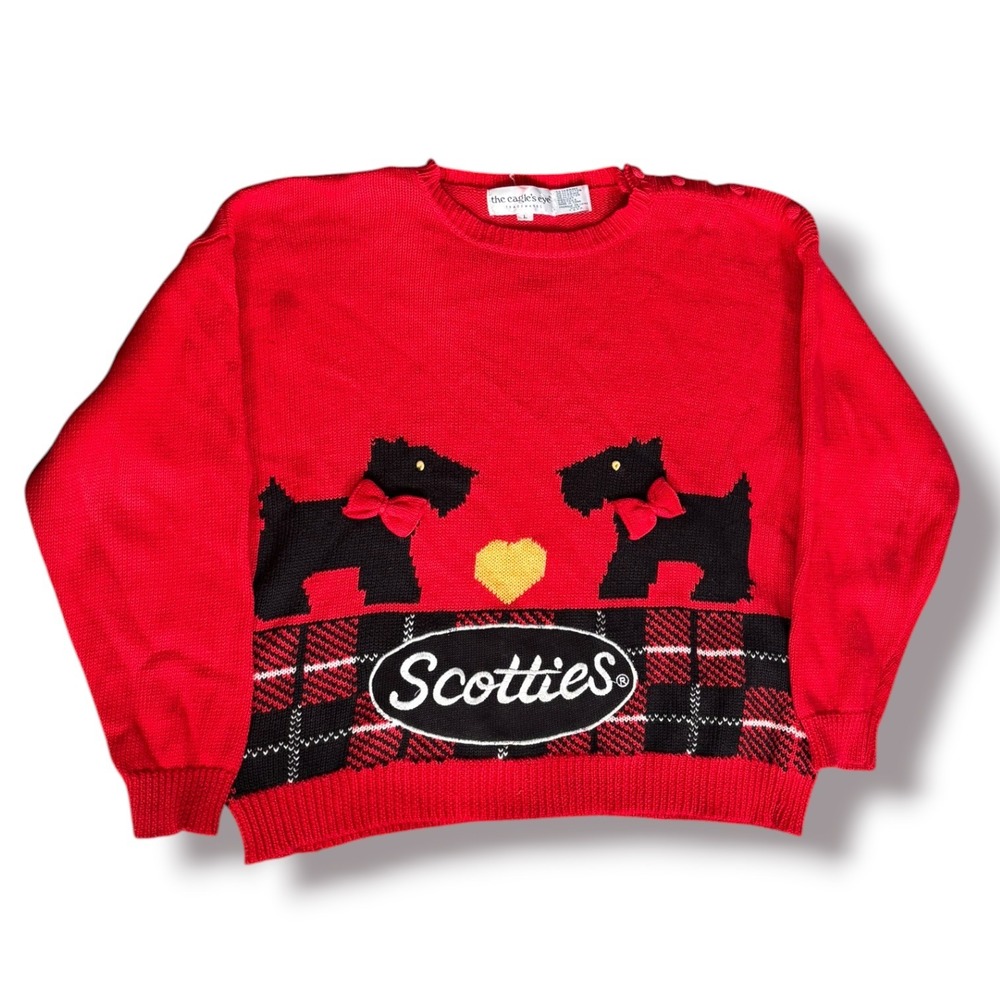 Vintage Scotties Dog Red Plaid Novelty Sweater 90s Preppy Heart 3D Bows Large